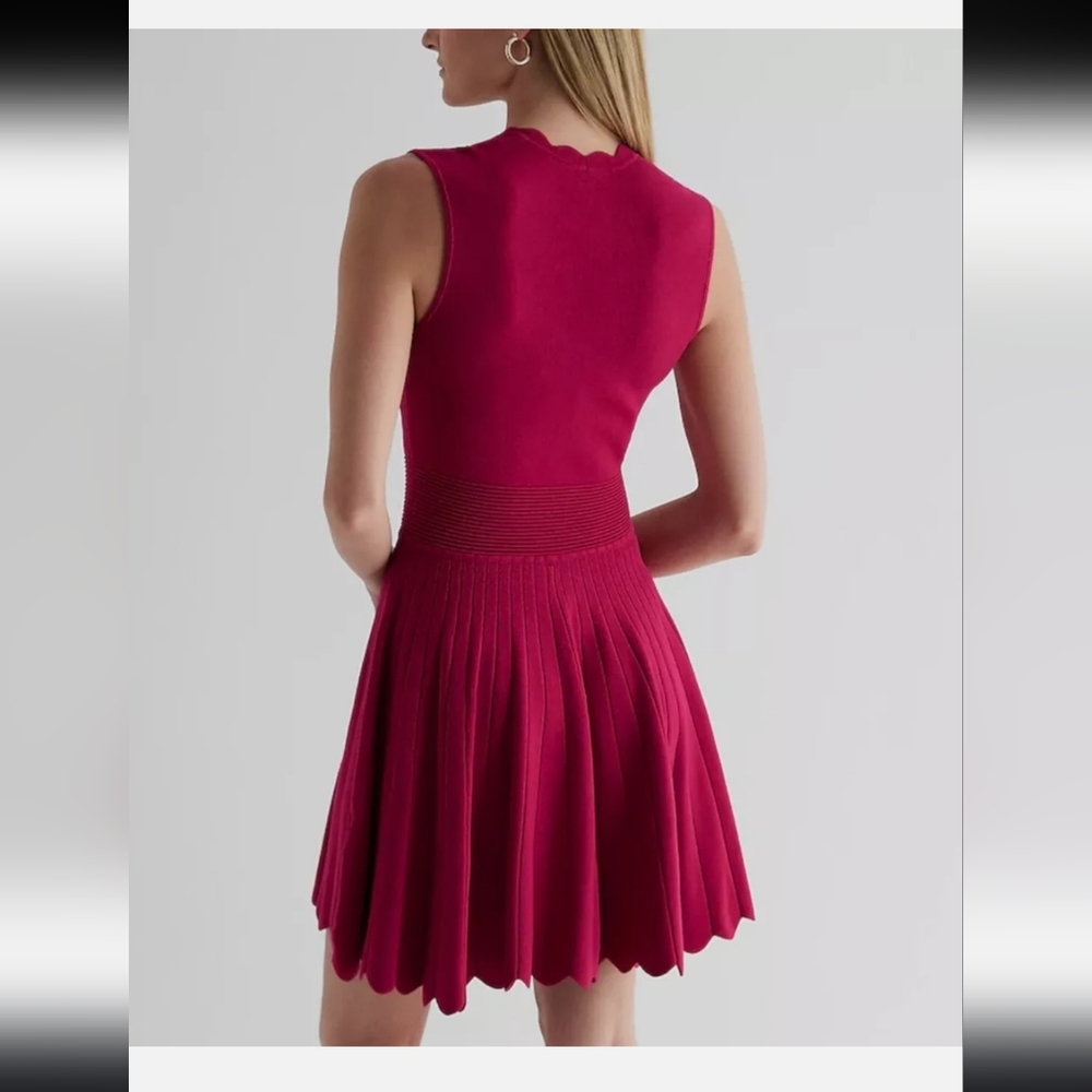 Express Red Scallop Neck Fit-and-Flare Dress - Picture 3 of 16